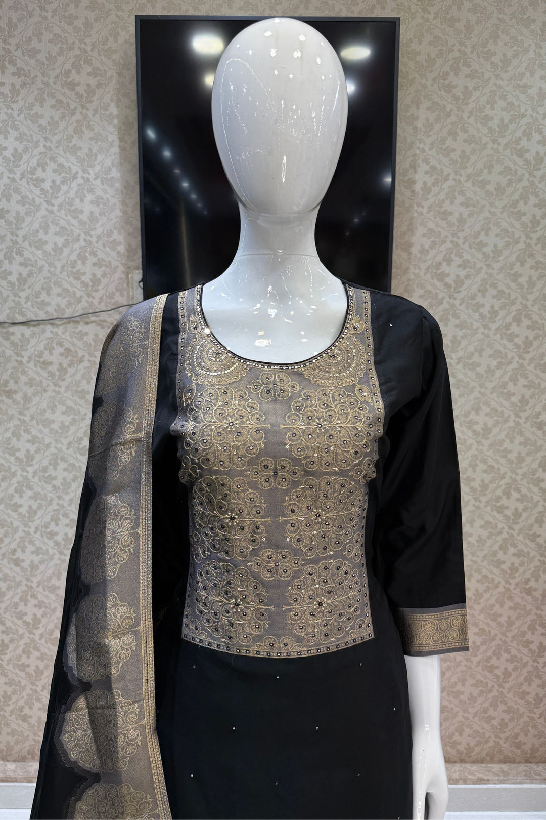 Black Beads, Sequins, Zardozi and Banaras work Straight Cut Salwar Suit
