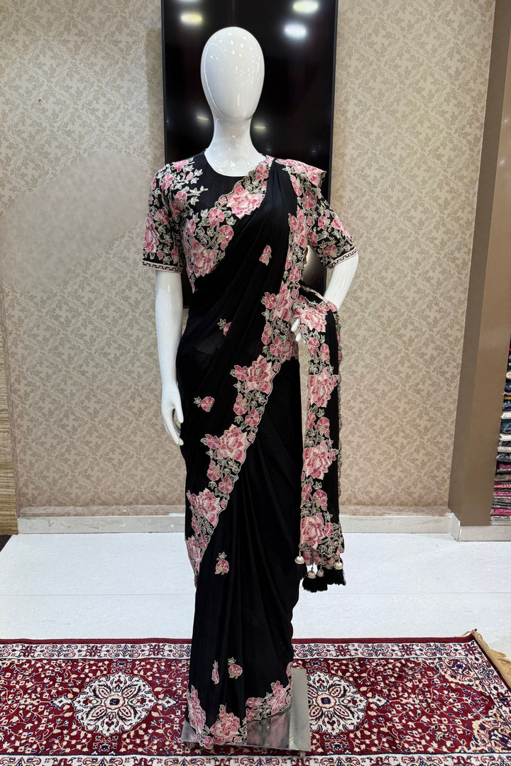 Black Embroidery, Sequins, Pearl and Zari work Saree