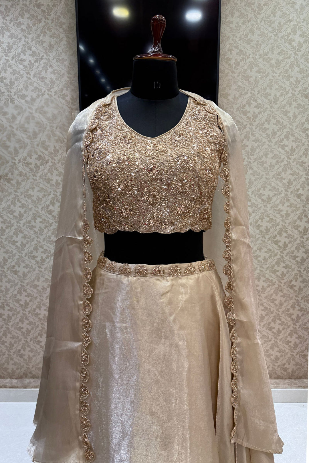 Gold Sequins and Beads work Choli with Lehenga and Draped Cape