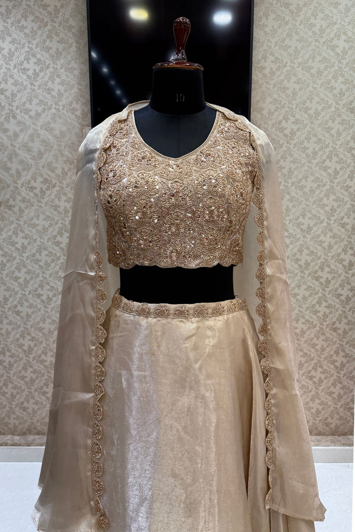 Gold Sequins and Beads work Choli with Lehenga and Draped Cape