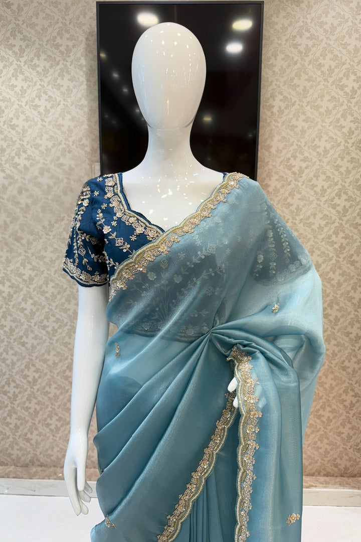 Firozi Blue Beads, Sequins, Zari and Pearls work Saree