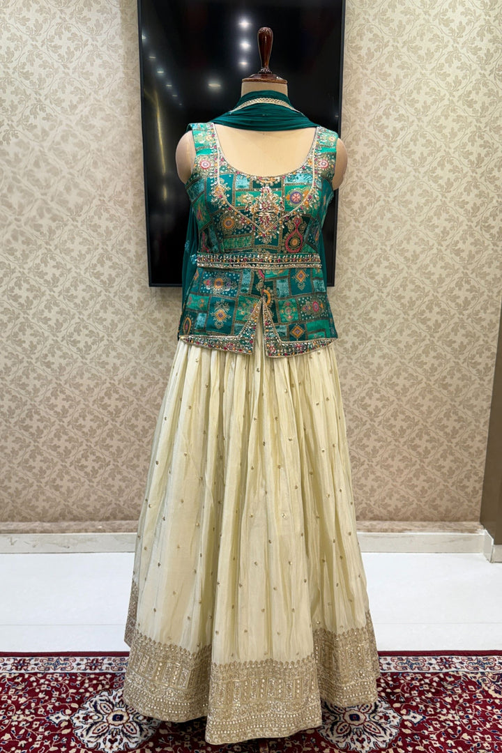 Green with Cream Banaras, Beads, Sequins, Zari and Stone work Peplum Style Lehenga