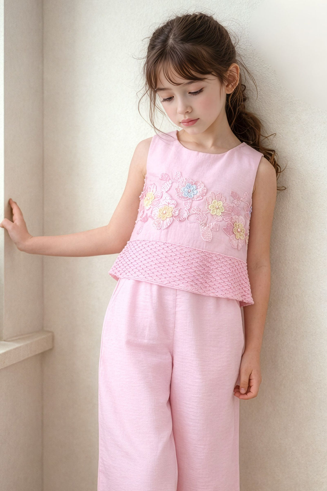 Pink Thread work Top and Palazzo Set for Girls