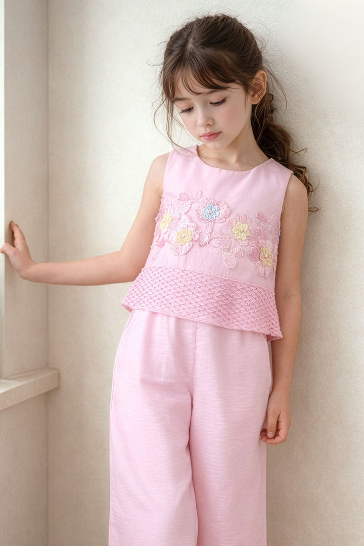 Pink Thread work Top and Palazzo Set for Girls
