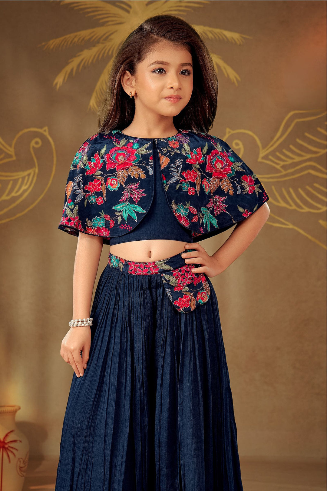 Navy Blue Zari work with Floral Print Poncho Styled Palazzo Suit Set for Girls