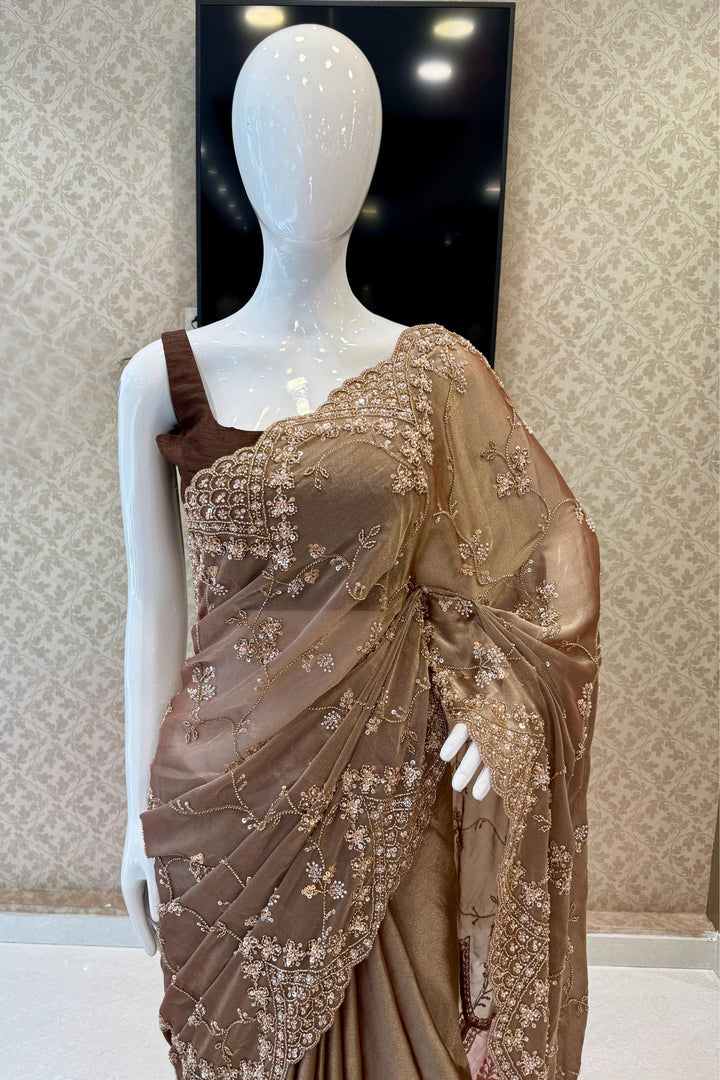 Dark Chiku Saree with Intricate Sequin &amp; Beaded Embroidery and Scalloped Border