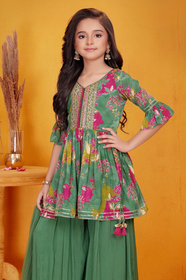 Green Sequins work with Multicolor Digital Print Peplum Top and Palazzo Set For Girls