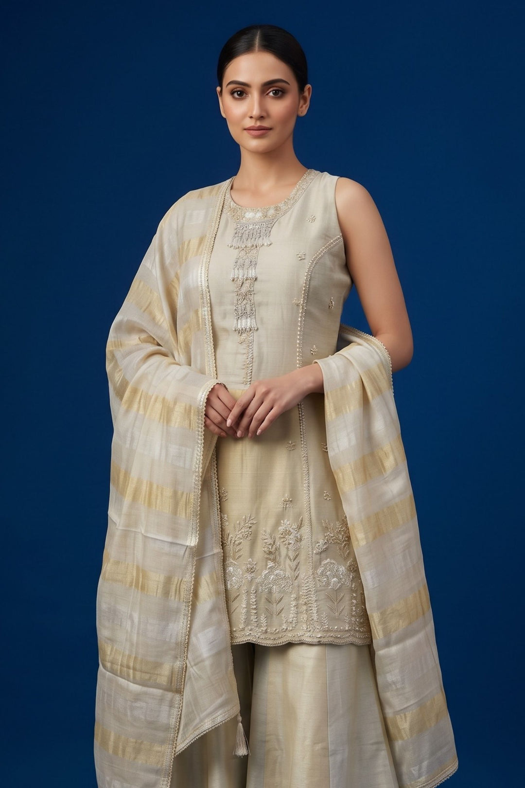 Light Grey with Gold Beads, Sequins, Zardozi and Zari work Palazzo Salwar Suit
