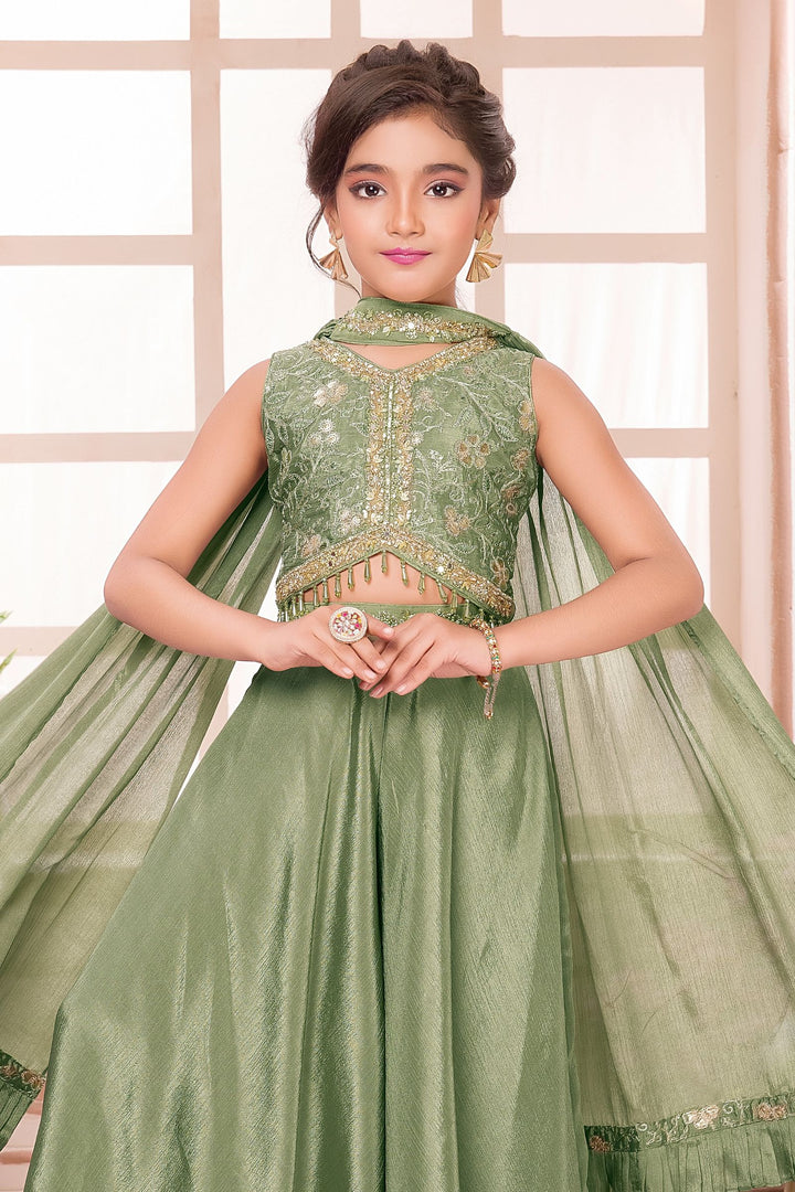 Light Olive Green Beads, Zari, Sequins, Mirror and Stone work Choli and Palazzo Set for Girls