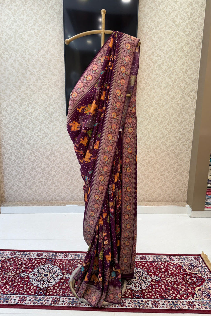 Wine Banaras and Traditional Woven Animal Motifs work with Bandhani Print Saree