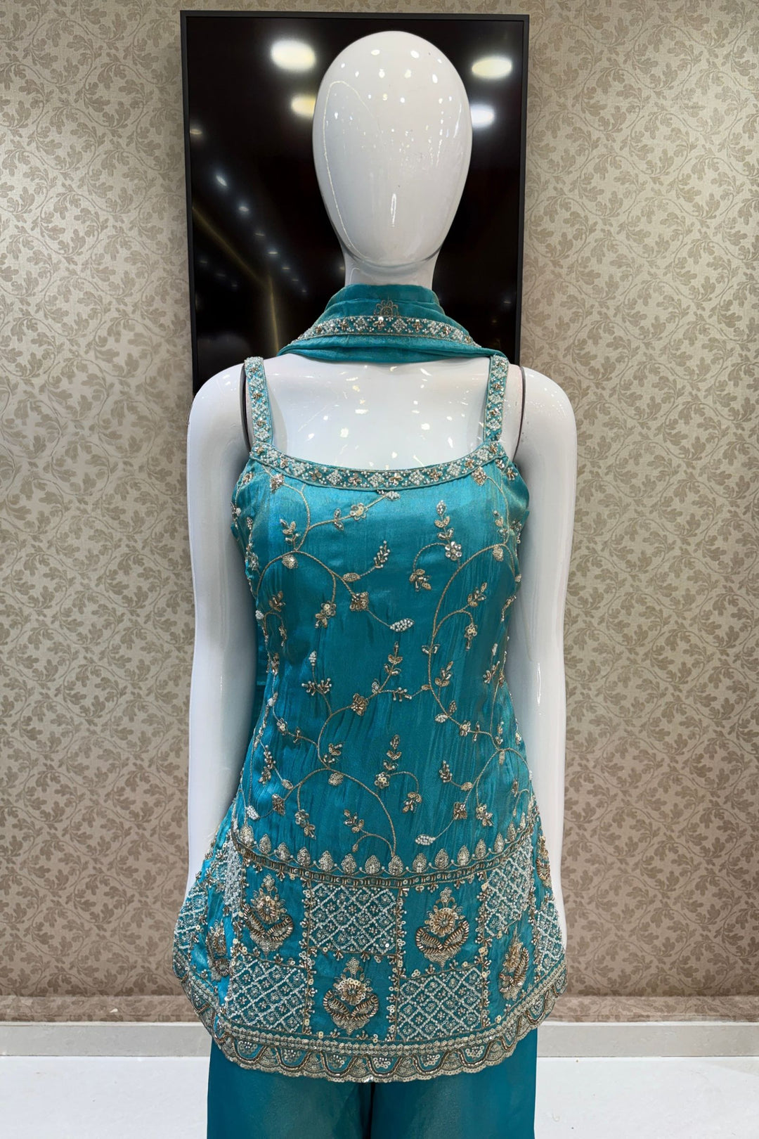 Rama Blue Beads, Zari and Sequins work Top with Flared Palazzo Set