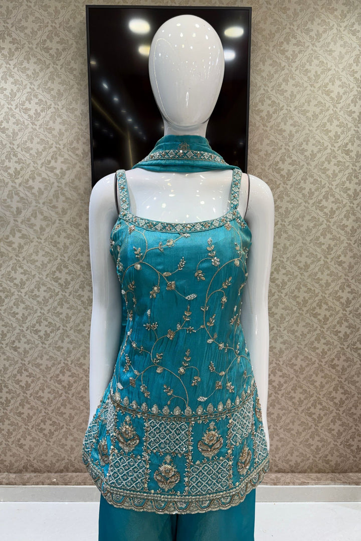 Rama Blue Beads, Zari and Sequins work Top with Flared Palazzo Set