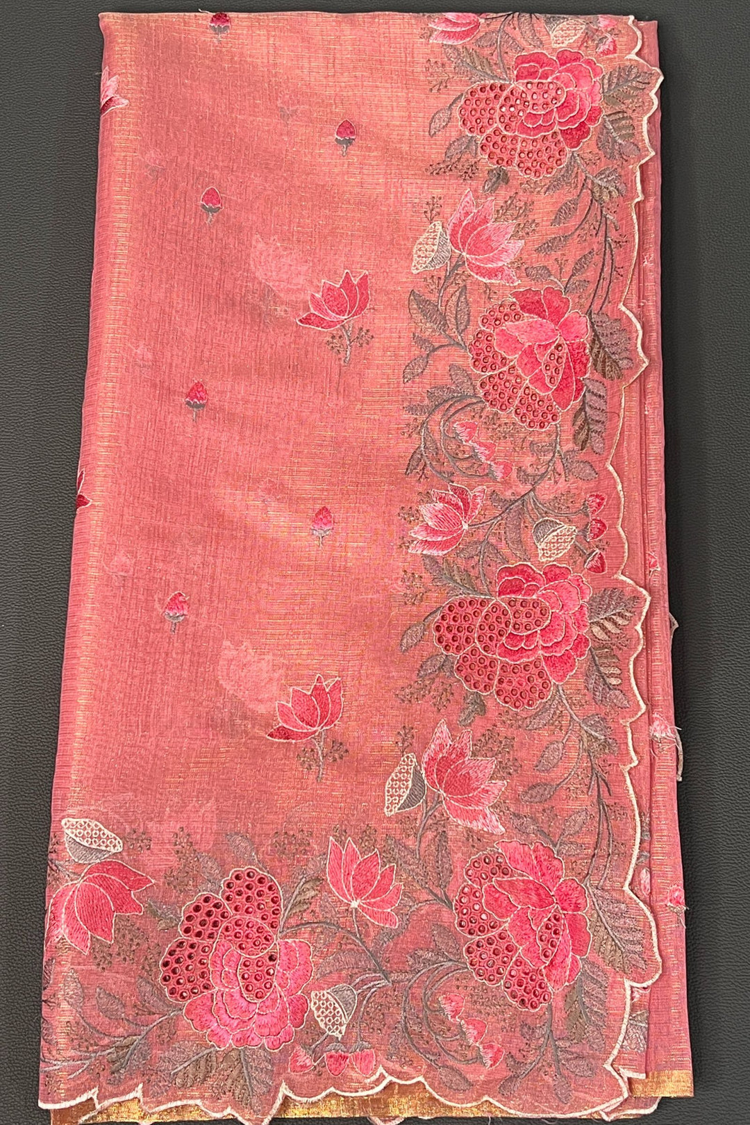 Pink Tissue Saree with Cutwork and Floral Embroidery work