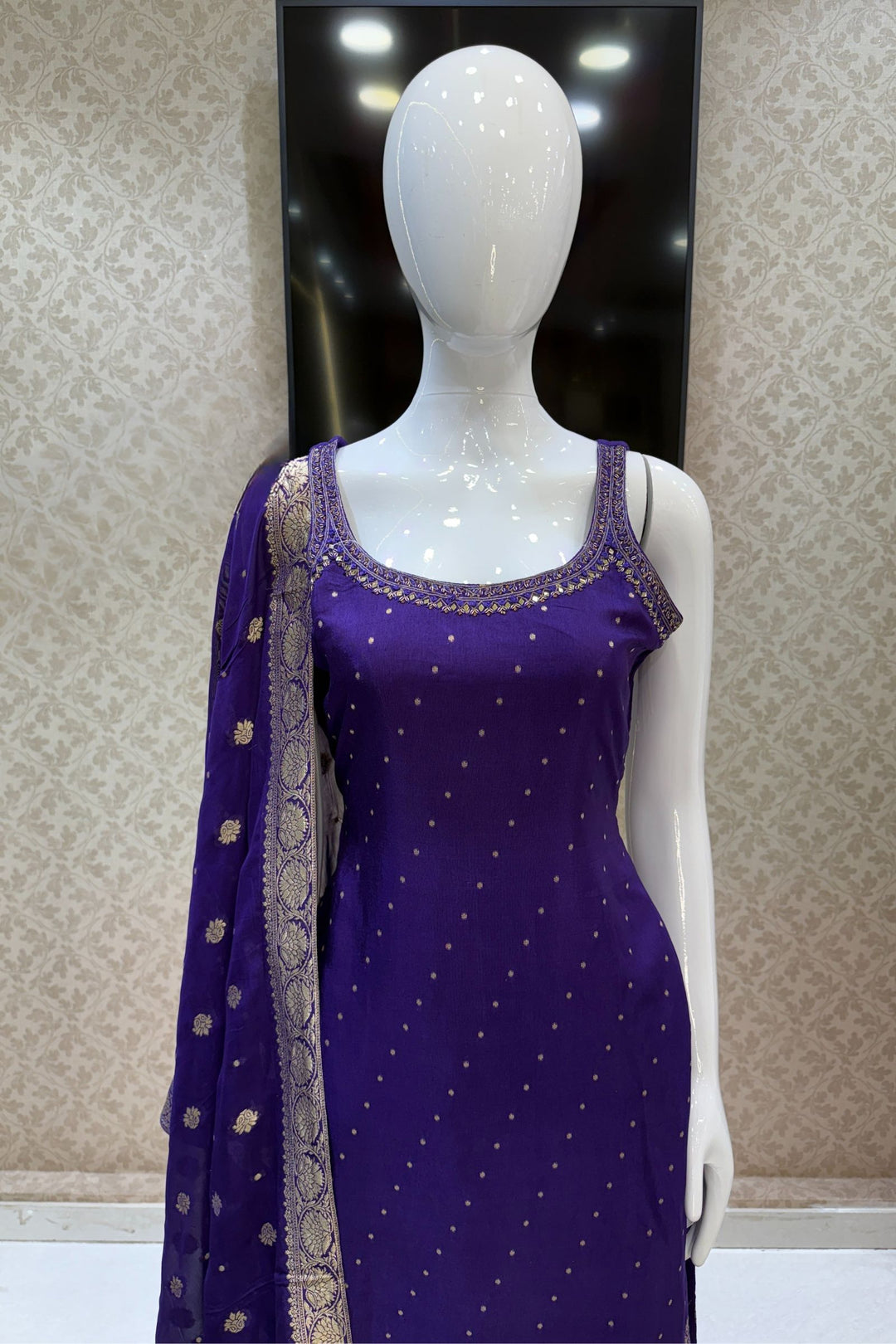 Purple Mirror, Stone, Zari and Banaras work Straight Cut Salwar Suit