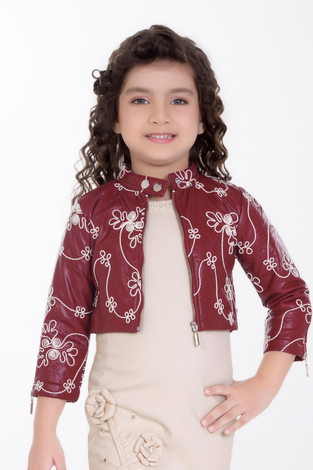 Maroon with Cream Thread work Jacket Styled Short Frock For Girls