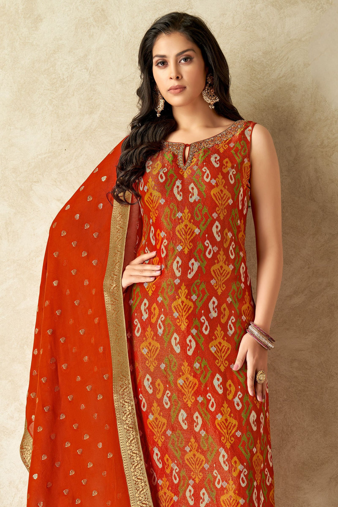 Orange Zardozi, Beads and Banaras Butta work with Ikat Print Straight Cut Salwar Suit