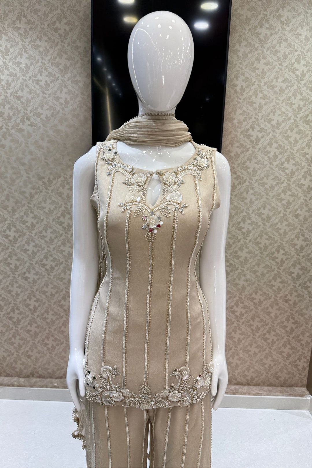 Beige Pearl, Sequins, Beads and Mirror work Top with Flared Palazzo Set