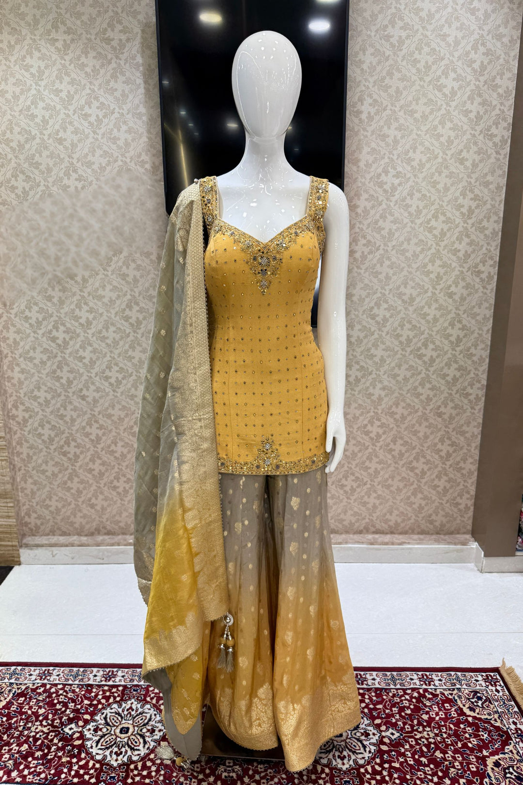 Golden Yellow with Grey Mirror, Sequins, Zari, beads and Banaras work Palazzo Salwar Suit