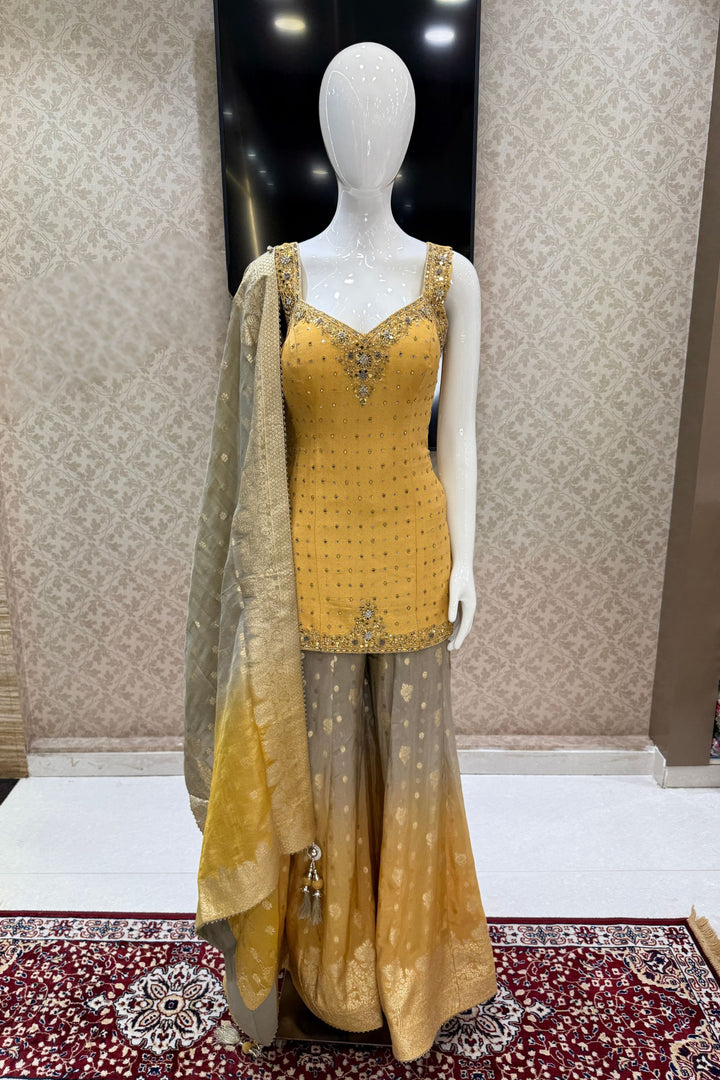 Golden Yellow with Grey Mirror, Sequins, Zari, beads and Banaras work Palazzo Salwar Suit