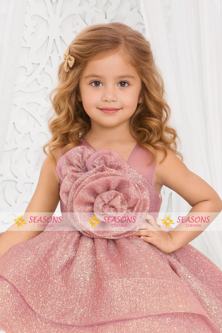 Rose Gold Glitter work Short Partywear Frock for Girls