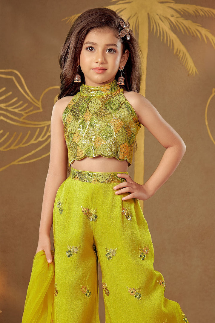 Lemon Green Sequins and Multicolor Thread work Palazzo Suit Set for Girls