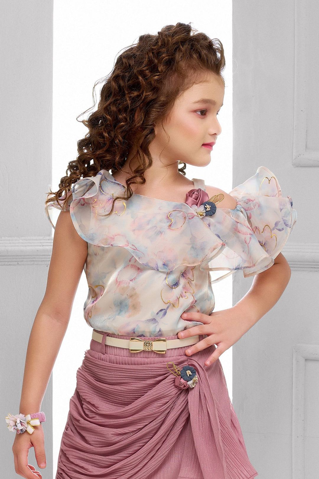 Cream Digital Print with Onion Pink Divider Skirt for Girls