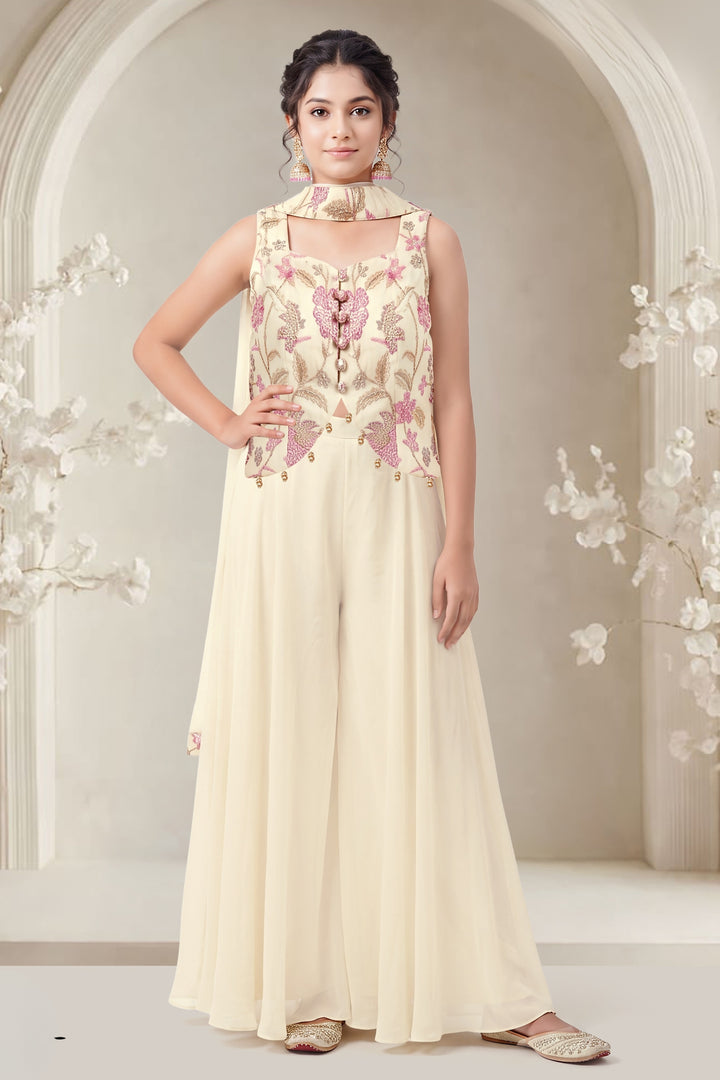 Beige Palazzo Salwar Suit with Beads, Sequins, Stone and Embroidery Detailing