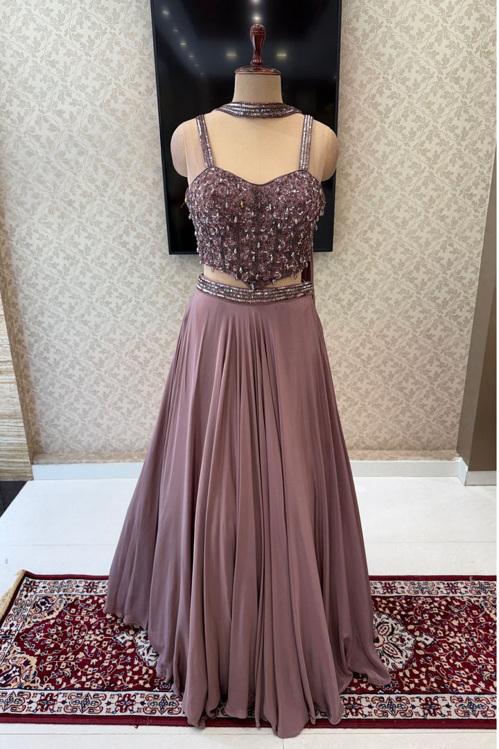 Light Brown Beads and Sequins work Crop Top Lehenga