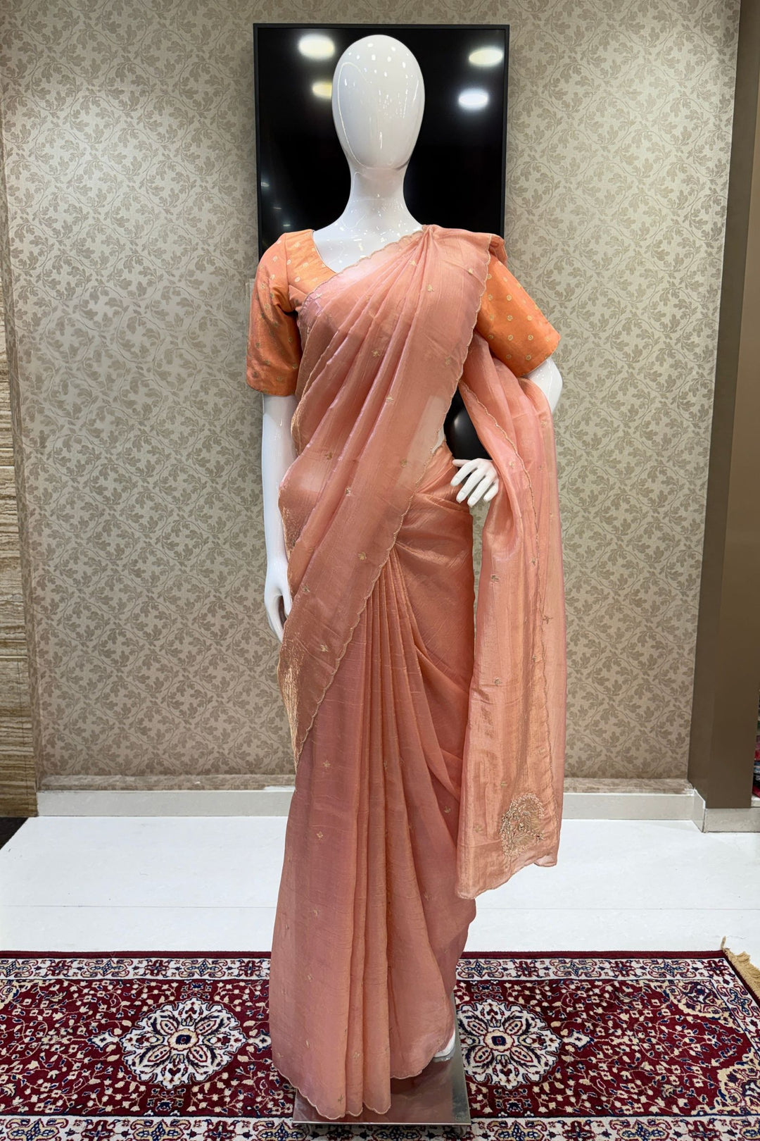 Peach Shimmer Tissue Saree with Scalloped Zari Border