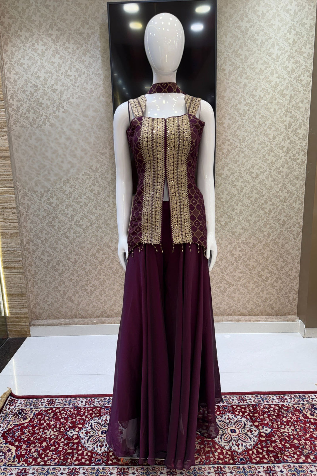 Wine Banaras Zari, Sequins and Zari Thread work Palazzo Suit Set