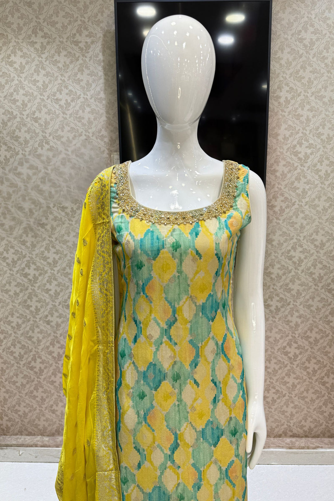 Multicolor Digital Print, Beads, Stone, Zari and Banaras work Straight Cut Salwar Suit