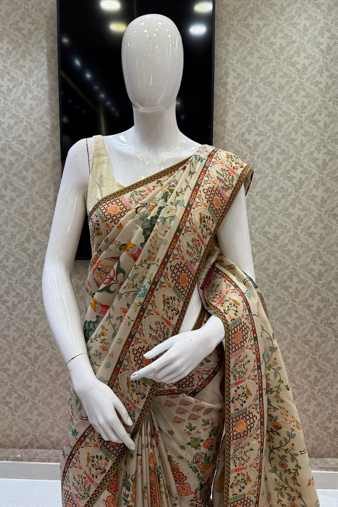 Cream Saree with Traditional Kalamkari Prints with Banaras work