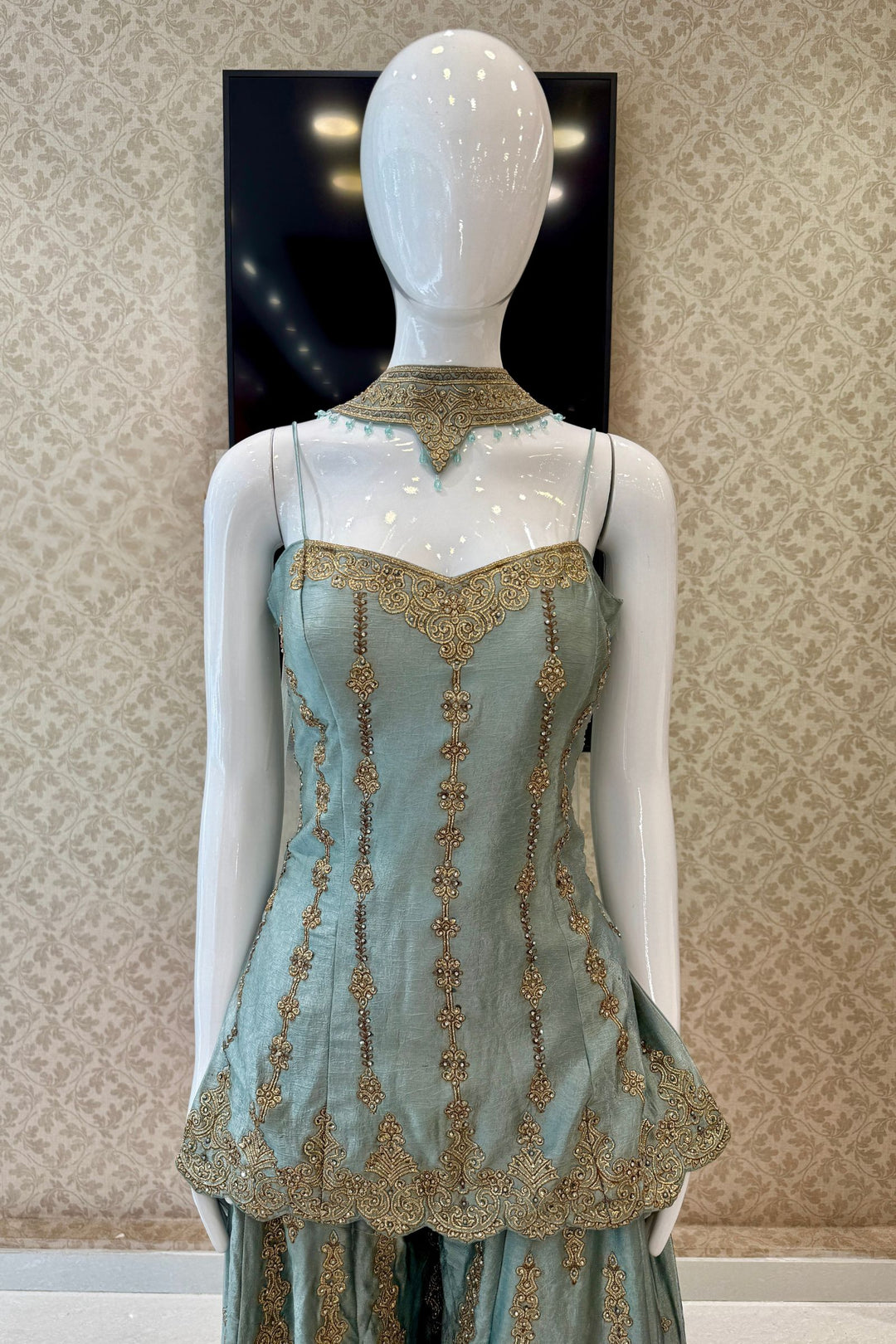 Sea Blue Palazzo Salwar Suit with Stone, Zari and Embroidery Detailing