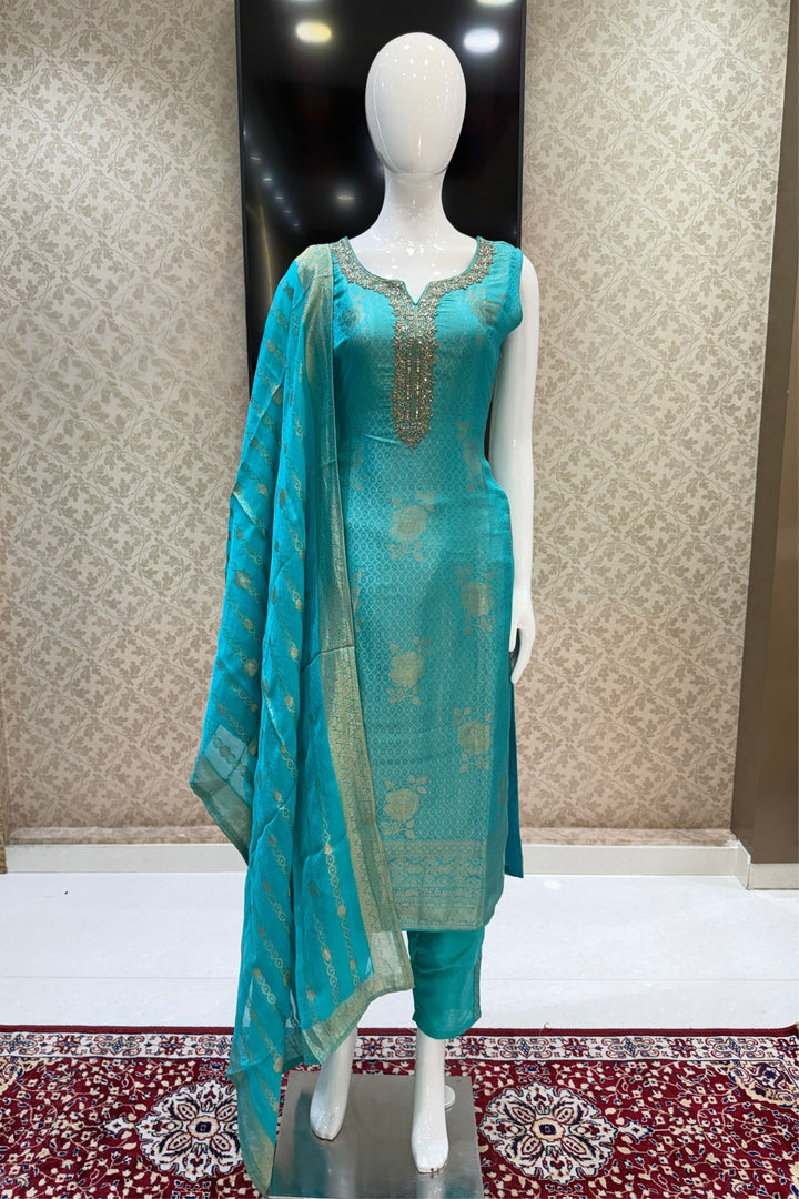 Rama Blue Banaras, Stone, Beads and Zardozi work Straight Cut Salwar Suit