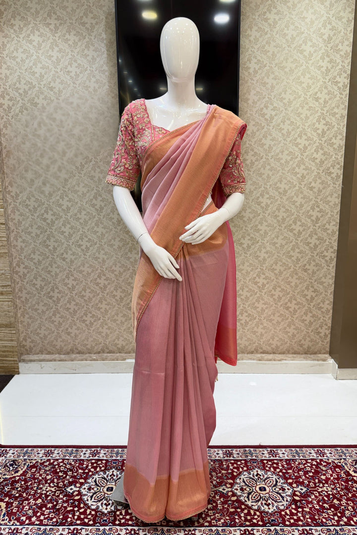Baby Pink Saree with Beads, Sequins, Zardozi and Zari work Readymade Blouse