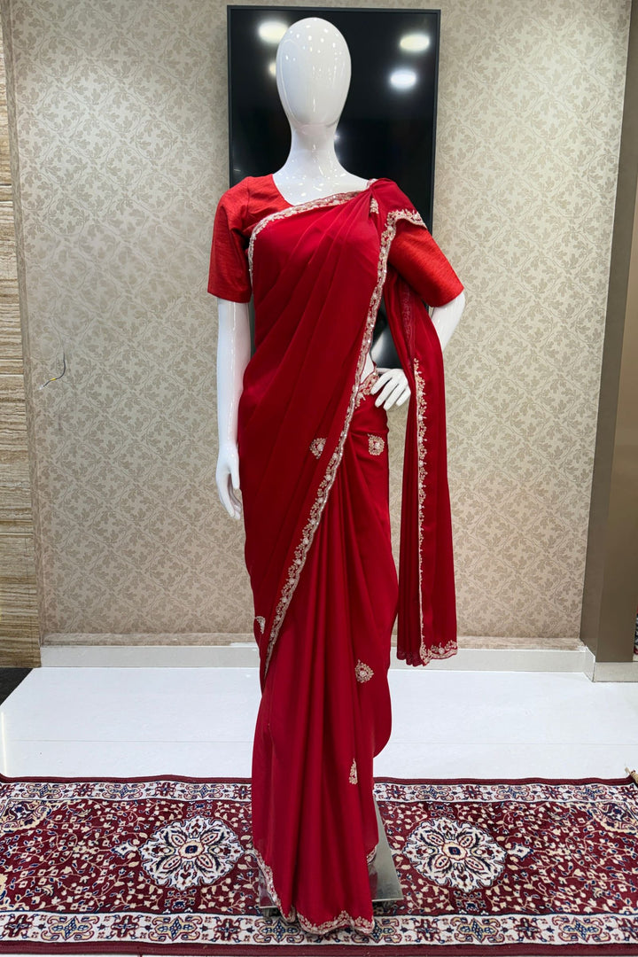 Red Satin Saree Featuring Exquisite Bead, Zardozi and Sequins