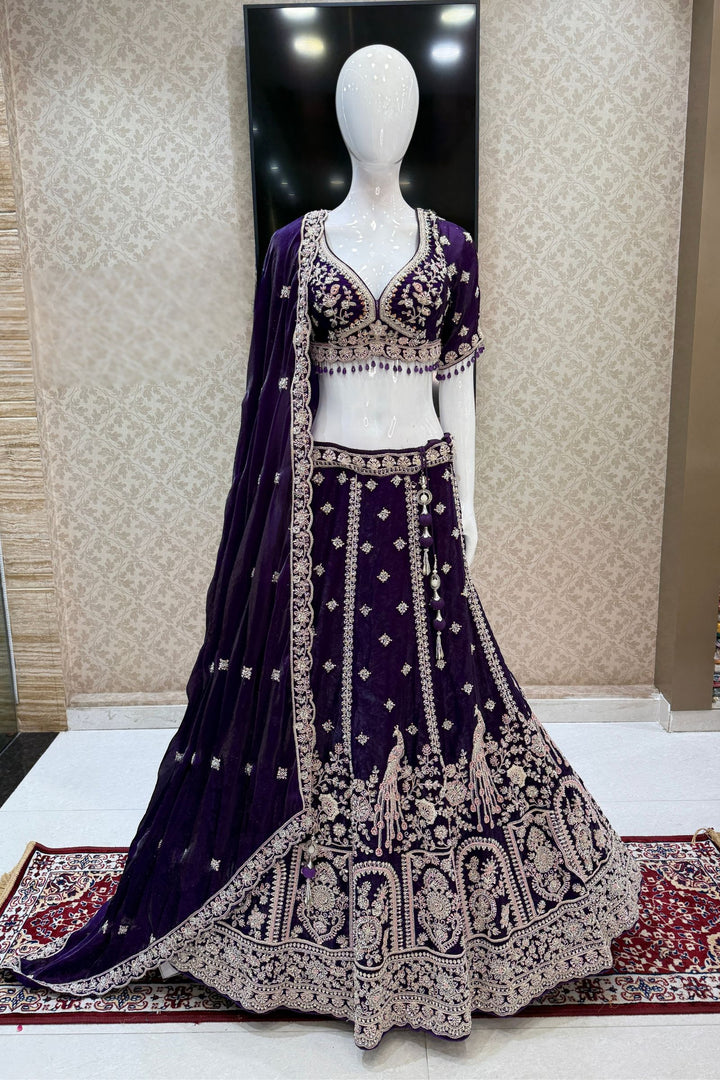 Purple Beads, Zari, Thread and Sequins work Crop Top Bridal Lehenga