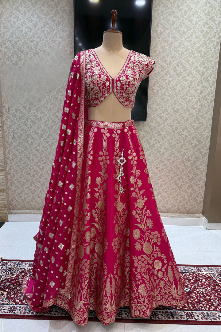 Rani Pink V-Neck Lehenga Choli with Zari, Beads, Sequins and Brocade Work