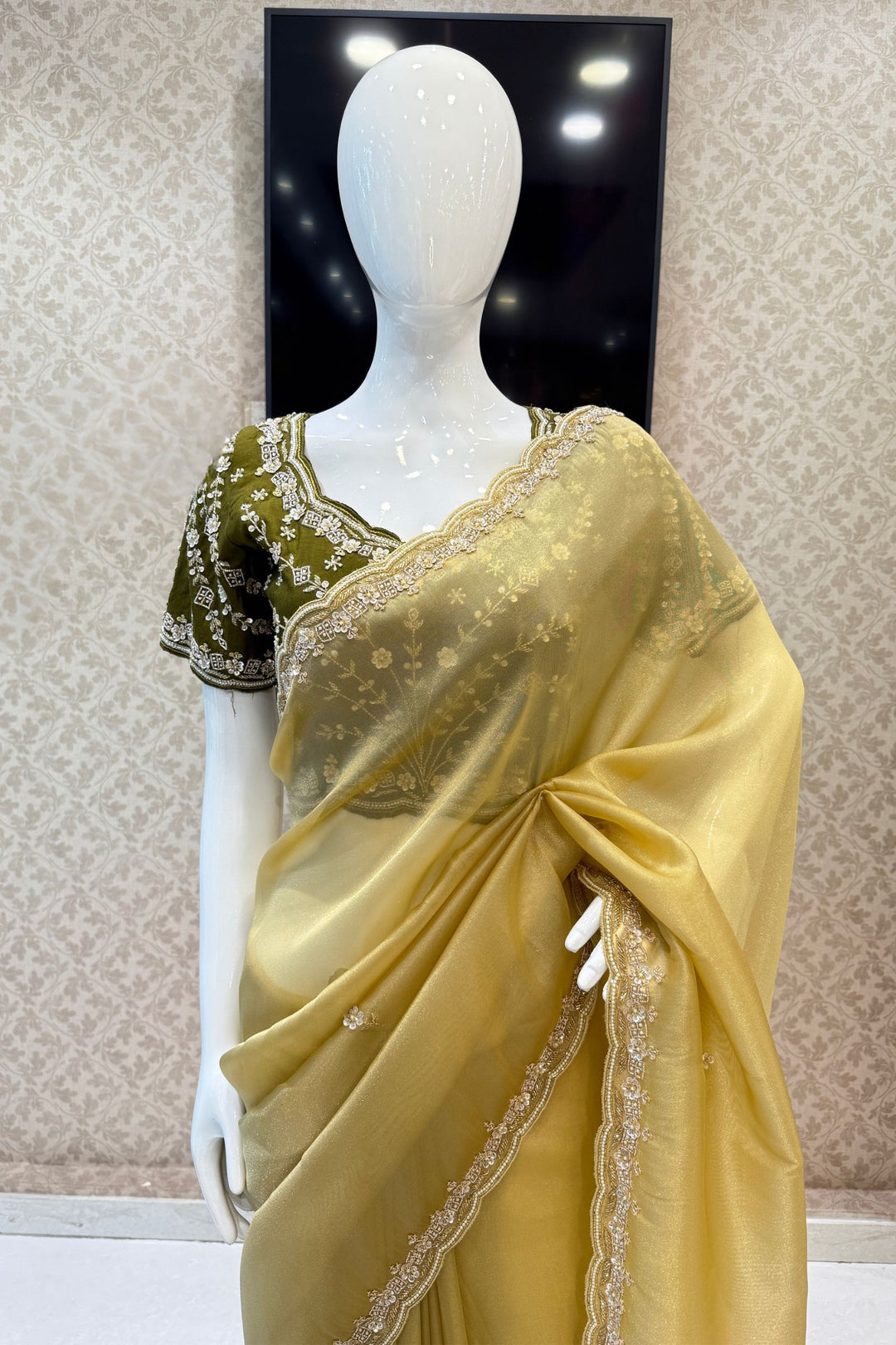 Gold Beads, Sequins, Zari and Pearls work Saree