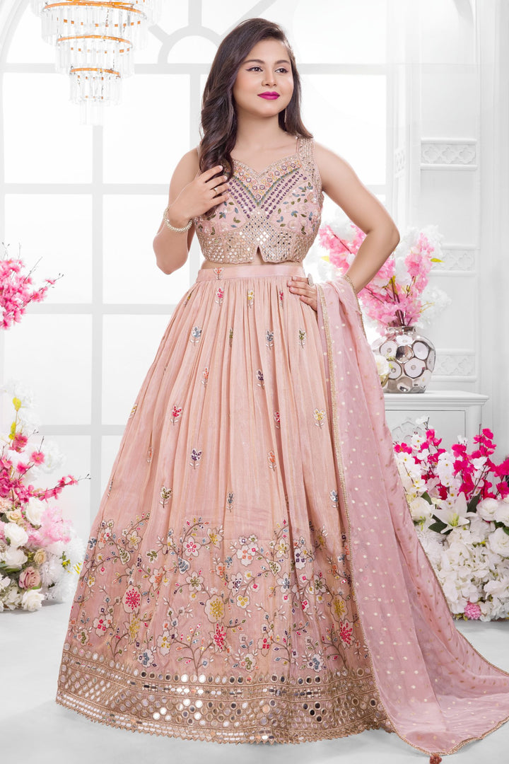 Peach Mirror, Zari, Sequins, Beads and Zardozi work Lehenga Choli for Girls