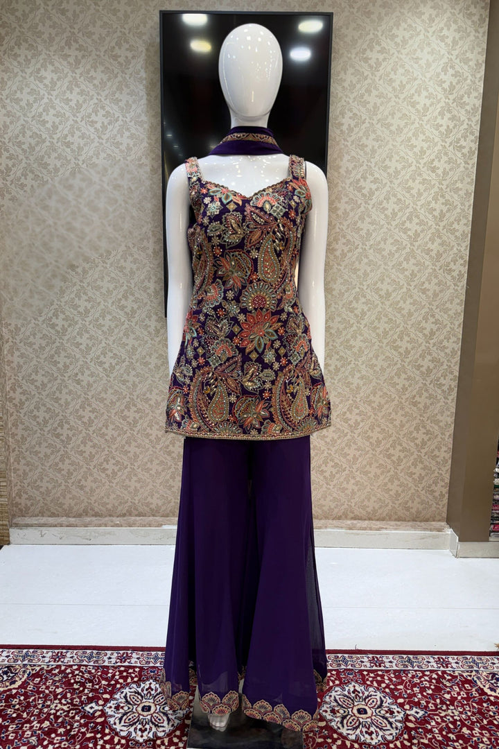 Purple Multicolor Embroidery, Sequins and Zari work Palazzo Salwar Suit