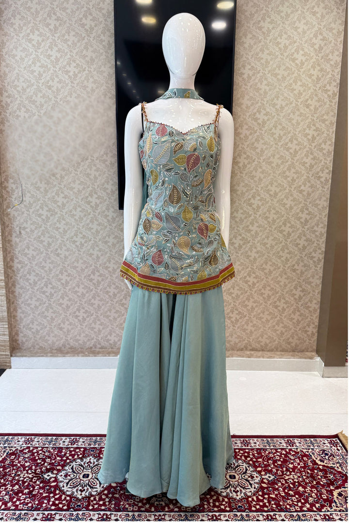 Sea Green Set Featuring All-Over Multicolour Thread and Bead Leaf Embroidery