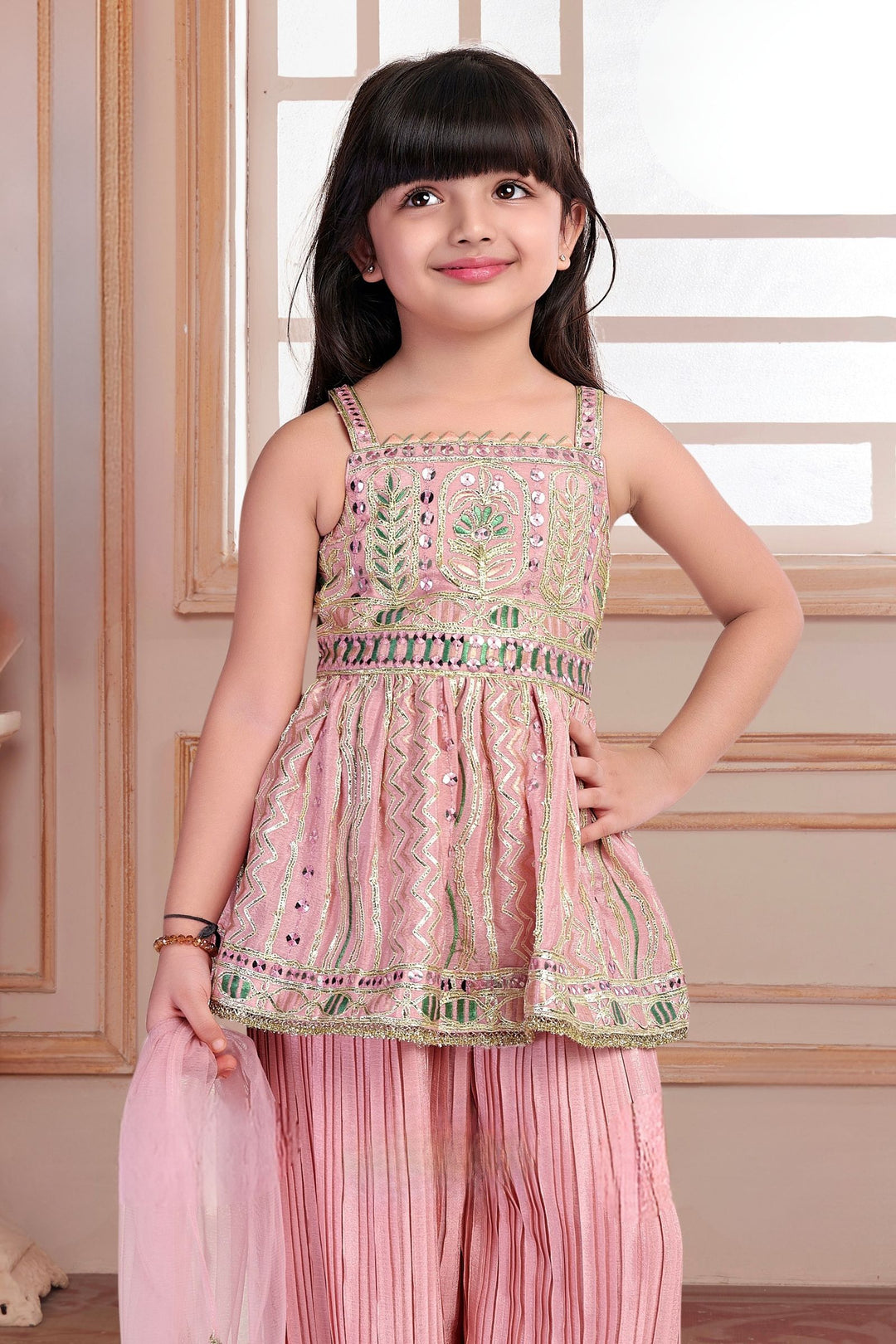 Baby Pink Sequins, Thread and Zari work Joggers Set for Girls