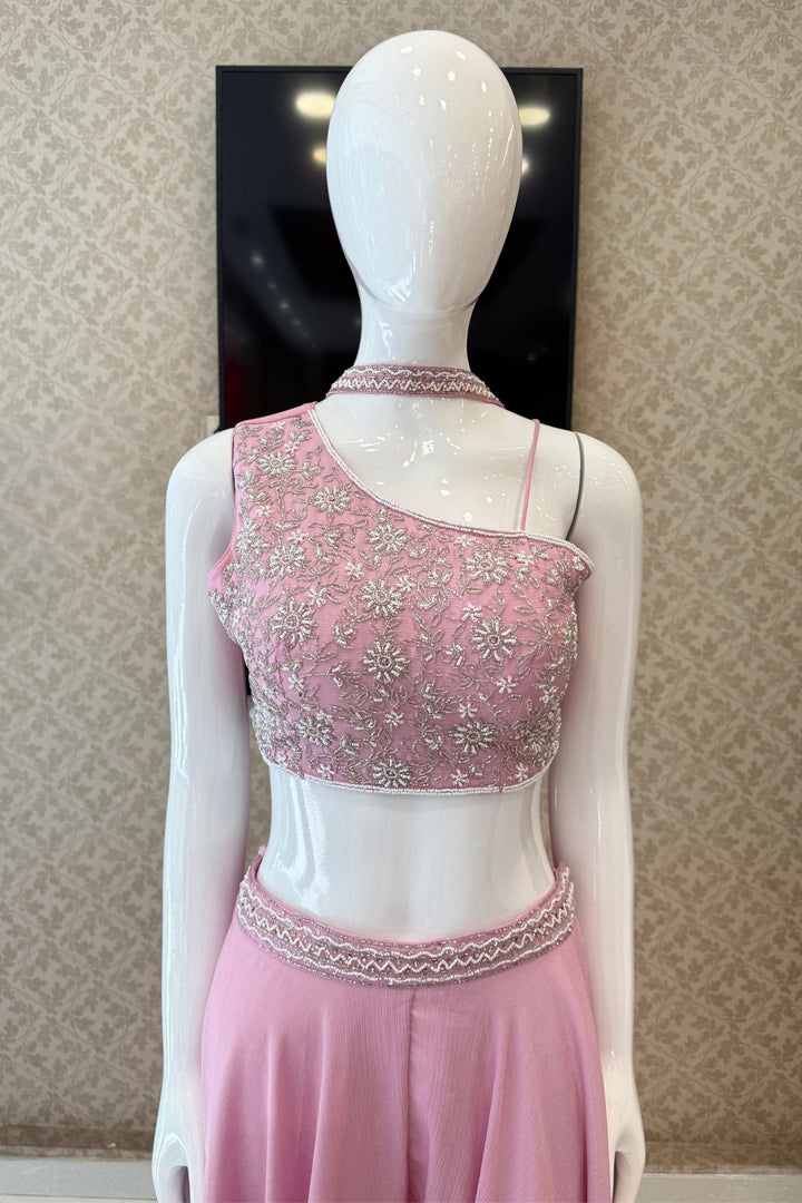 Baby Pink Beads and Stone work Indo-Western Palazzo Set with One-Shoulder Top