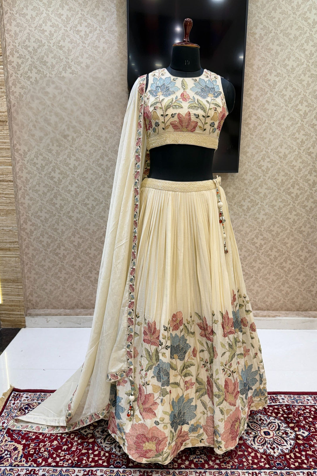 Cream Multicolor Thread, Beads, Zari Thread and Sequins work Crop Top Lehenga