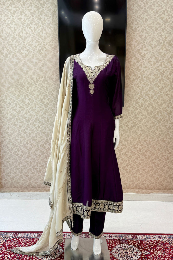 Dark Purple Sequins and Zari work A-line Cut Salwar Suit