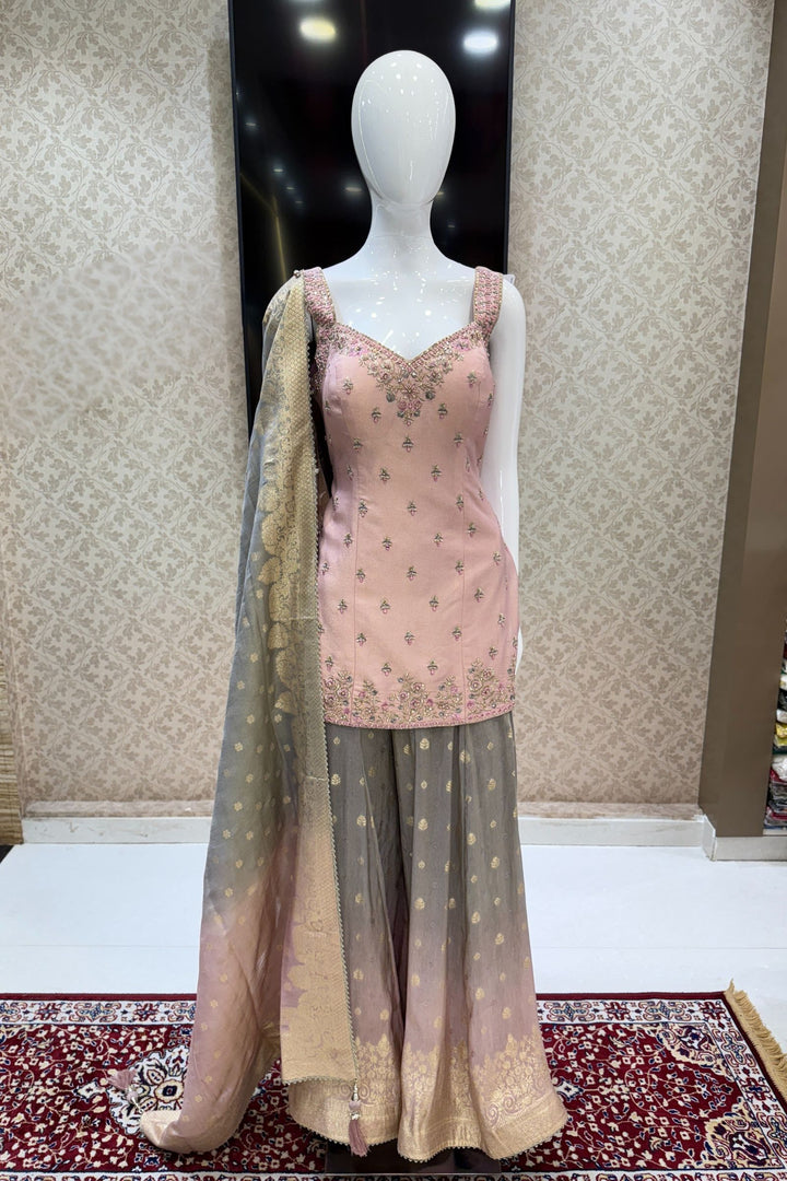 Baby Pink with Grey Mirror, Sequins, Beads, Zari, Stone and Banaras work Palazzo Salwar Suit