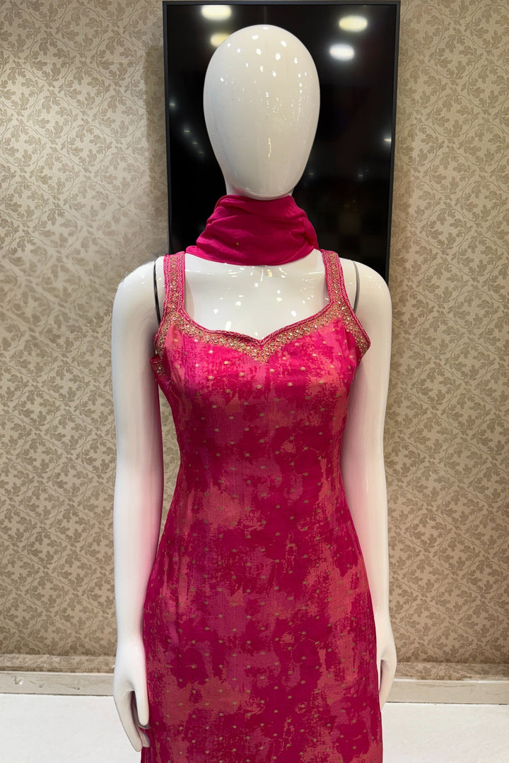 Pink Stone, Zari, Zardozi and Mirror work Straight Cut Salwar Suit