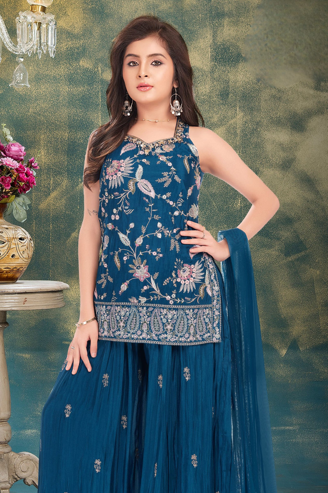 Peacock Blue Zari, Sequins, Beads, Embroidery and Mirror work Palazzo Suit Set for Girls