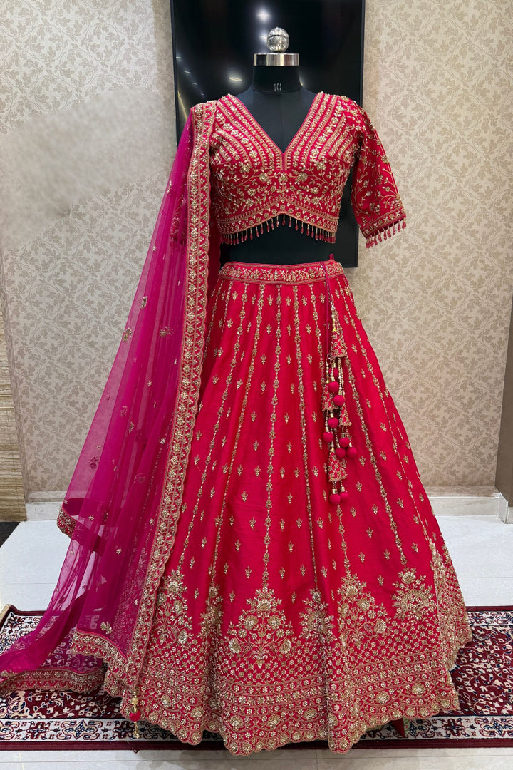 Rani Pink Beads, Zari, Zardozi and Sequins work Crop Top Designer Bridal Lehenga with Belt